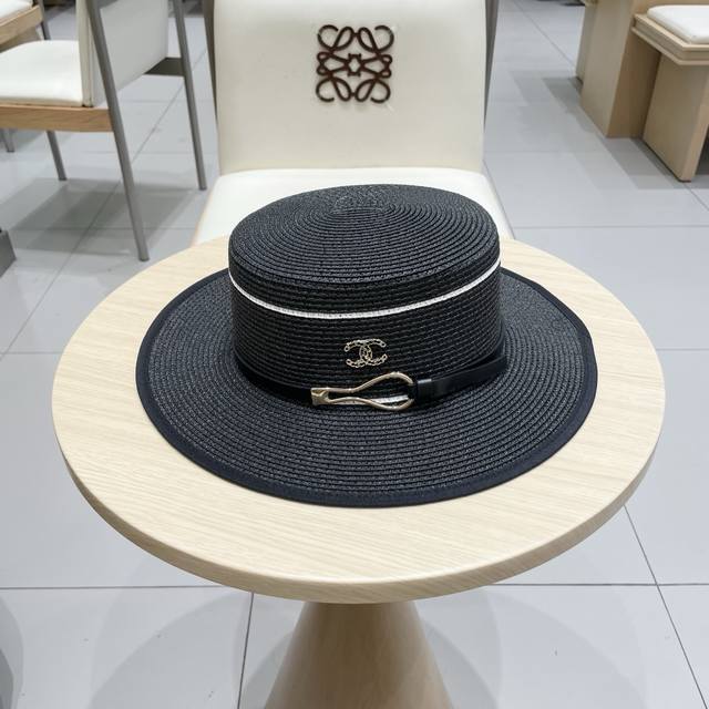 Chanel Flat-Top Straw Hat, Ceremonial Hat, Head Circumference 57 Cm