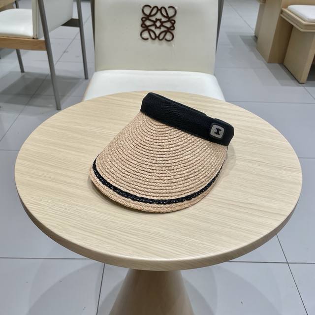Celine High-Quality Raffia Straw Hat With Open Top And Headband, Uv-Protective S
