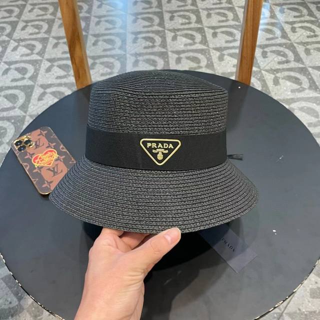 Prada 2025 New Arrival Luxury Brand Woven Strap Bucket Hat, Flat-Top Straw Hat,