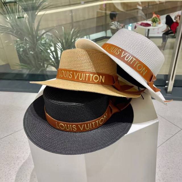 Lv Louis Vuitton 2025 New Small Chanel-Style Vacation Flat-Top Straw Hat, Travel