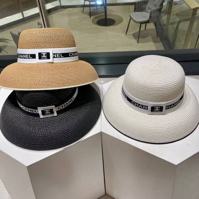 Chanel Color-Block Straw Hat, Sun Hat, Uv Protection, Head Circumference 57Cm
