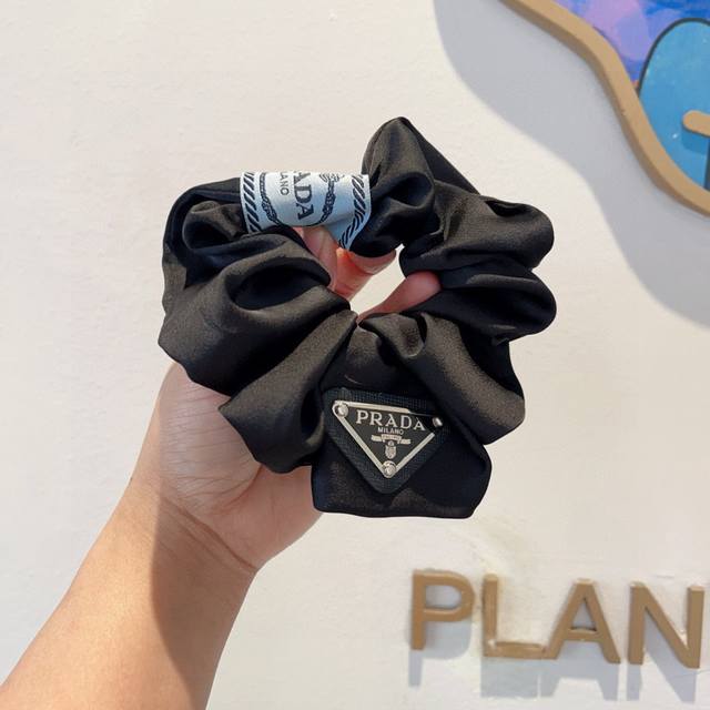 Packaging Prada Imported Large Hair Tie With Inverted Triangle Iron Logo, Silk S