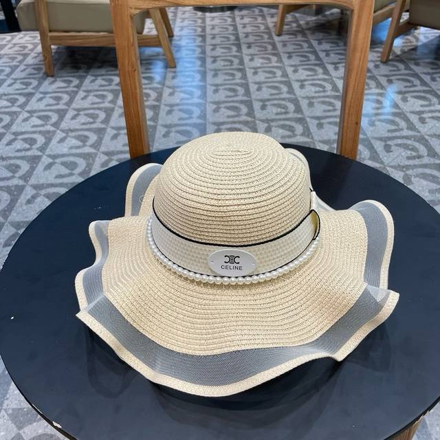 Celine New Resort-Style Arc De Triomphe Wavy Edge Straw Hat, Foldable, Sun Prote