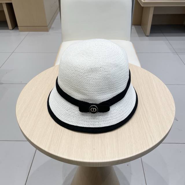 Dior Color-Block Bow Fisherman's Hat For Women, Summer Sun Protection Straw Hat,