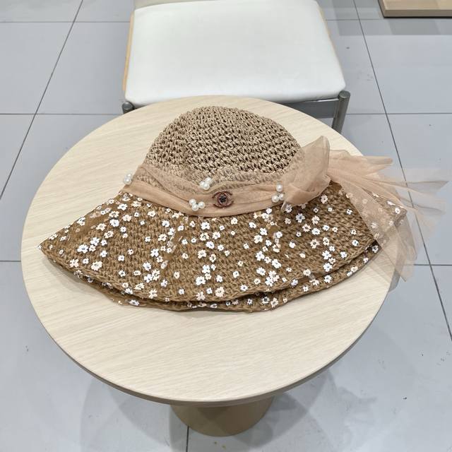 Chanel Pearl Lace Flower Fisherman's Hat For Women, Spring/Summer Bow Beach Vaca