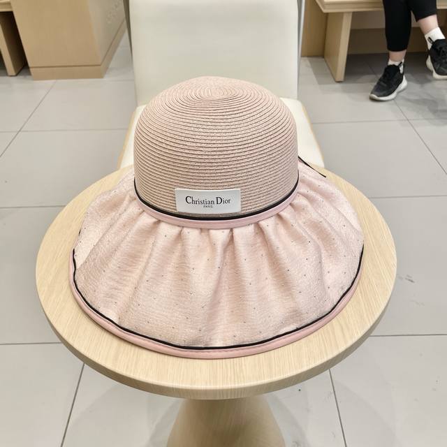 Dior Knitted Mesh Sun Hat For Women With Wide Brim, Black Vinyl Uv Protection, F