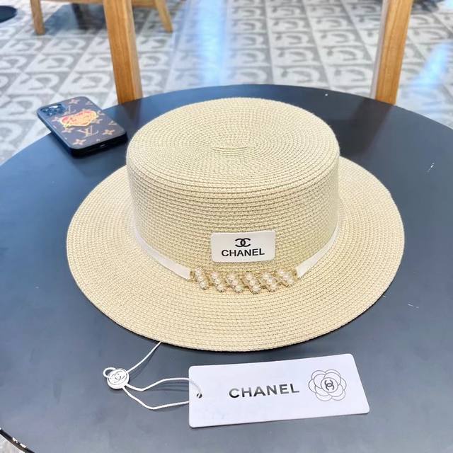 Chanel Chanel Retro-Style Flat-Top Straw Hat, Head Circumference 57