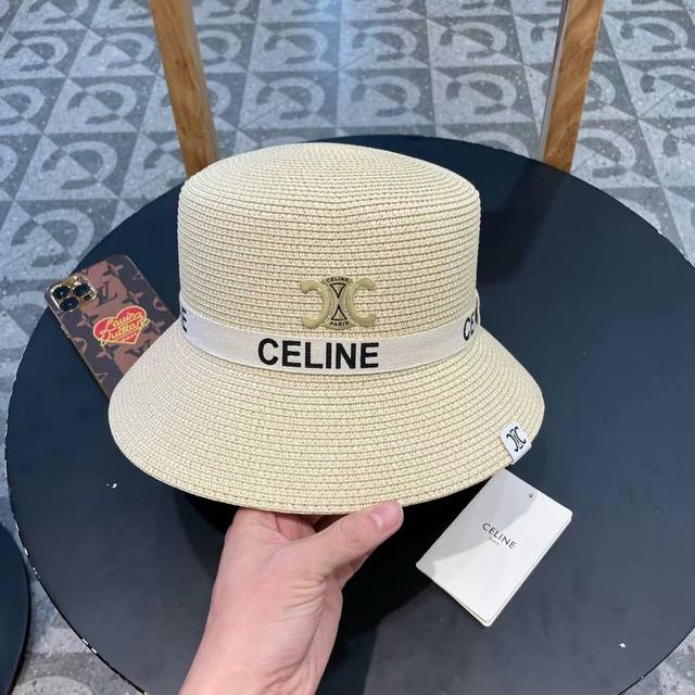 Celine New Straw Hat, Flat-Top Bucket Hat, Head Circumference 57Cm