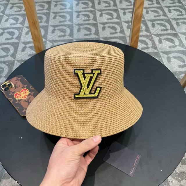 Louis Vuitton New Leather-Edged Woven Flat-Top Straw Bucket Hat, A Must-Have For