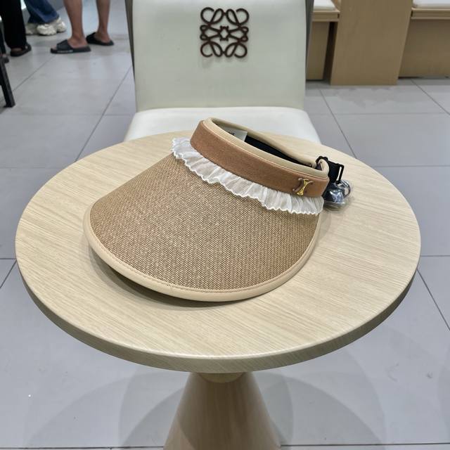 Celine 2025 New Open-Top Hat For Women, Summer Travel, Beach, Lace Trim, Uv Prot