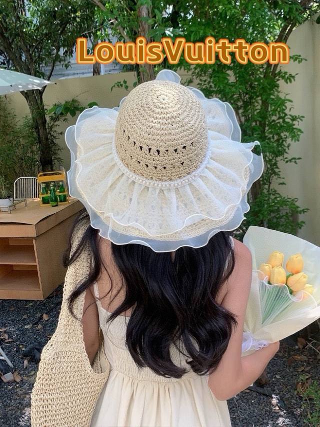 Lv Louis Vuitton Lace Pearl Straw Sun Hat For Women With Wide Brim, Summer Breat