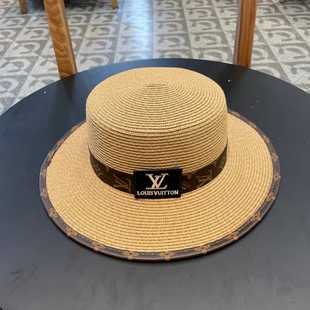Lv Louis Vuitton 2025 New Leather-Trimmed Woven Flat-Top Straw Hat, A Must-Have