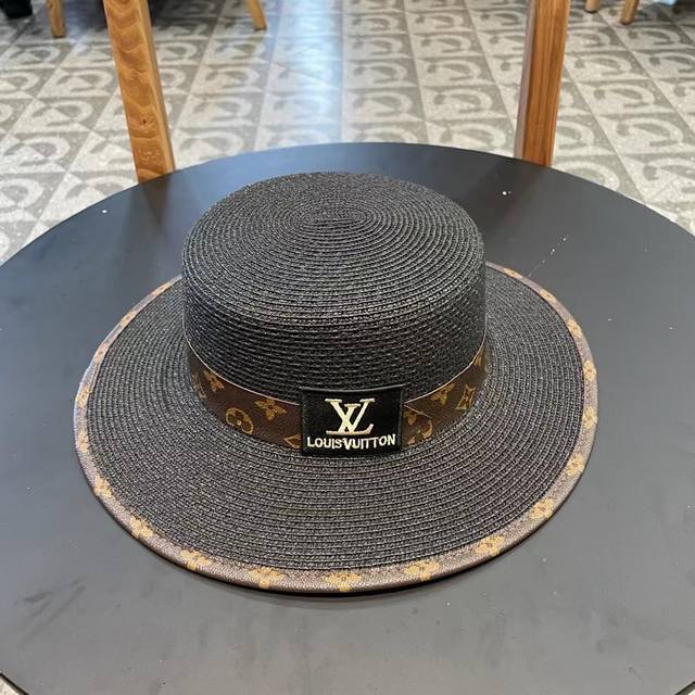 Lv Louis Vuitton New Leather-Trimmed Woven Flat-Top Straw Hat, A Must-Have For S