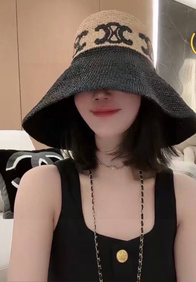Celine Raffia Straw Hat, Color-Block Fisherman's Hat, High-End Embroidered Logo,