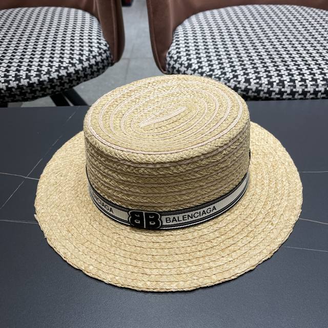 Balenciaga 2025 New Drawstring Flat-Top Straw Hat, Korean-Style Casual Sun Hat F