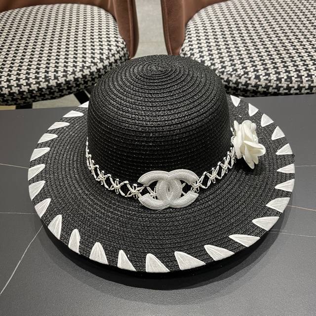 Chanel 2025 New-Style Striped Minimalist Casual Wide-Brimmed Straw Hat For Women