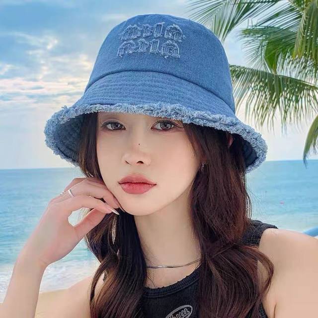Miu Miu 2025 Premium-Feel Washed Denim Fisherman's Hat For Women, Sun Hat, Uv Pr