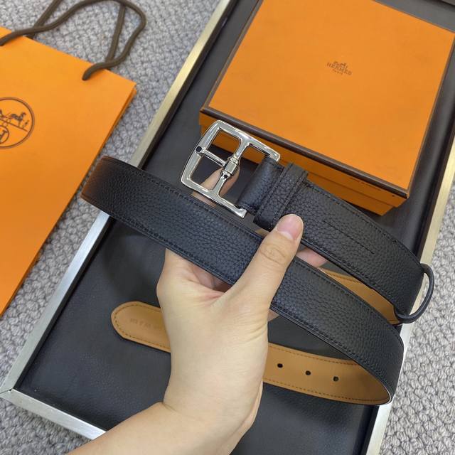 Herm S Box Togo Double-Sided Calfskin Belt With Palladium-Plated Buckle. 35Mm