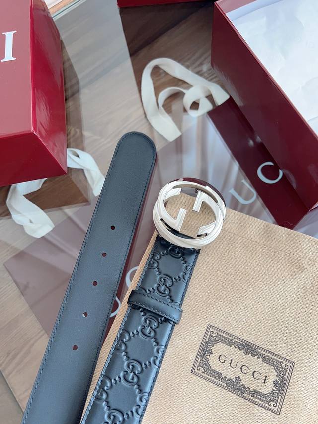 Gucci Calfskin Classic Embossed Pattern, Width 4.0 Cm, New Store Logo Horizontal