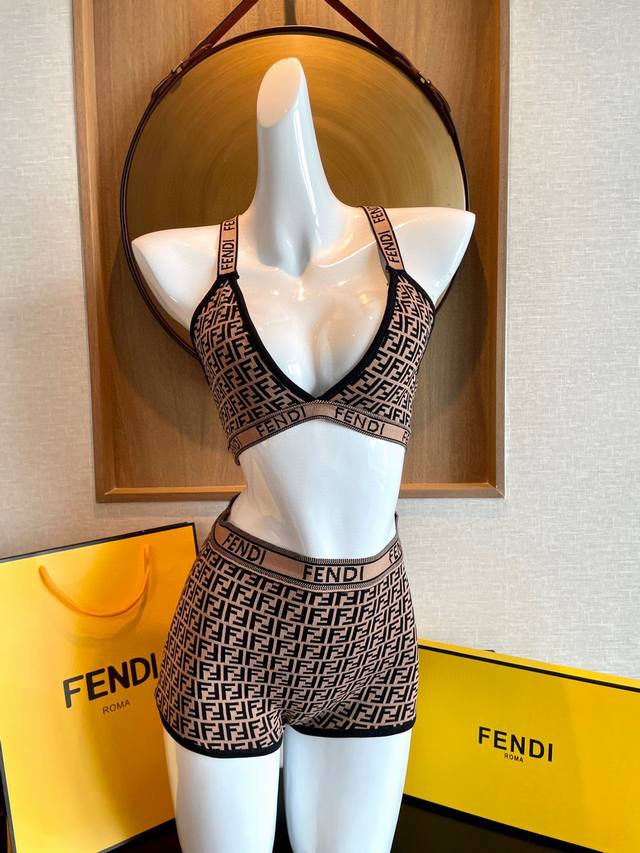 Fendi New Knit Bikini Set Separate Swimsuit Ff Letter Print Strapless Top + Brie