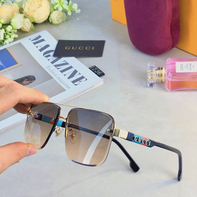 Gucci* Retro Edgy Men's Double-Bridge Metal Sunglasses, High-End Business Style,