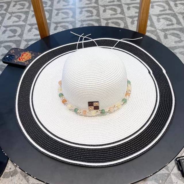 Loewe New Small Chanel-Style Vacation-Inspired Round-Top Color-Block Straw Hat,
