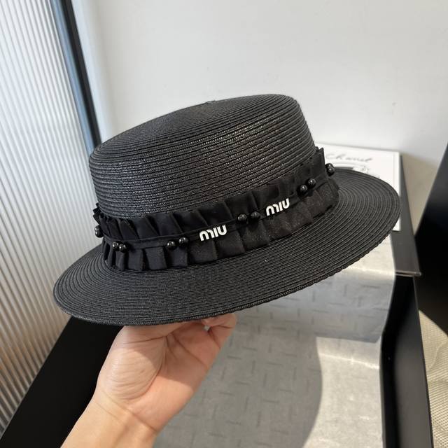 Miu Miu New Flat-Top Hat, Pp Straw Fabric, Head Circumference 57Cm