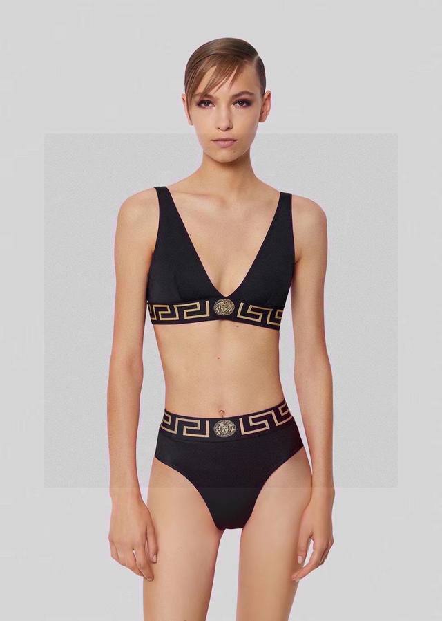 Versac*New Arrival Embroidered Strap Bikini Set, Black, S/M/L