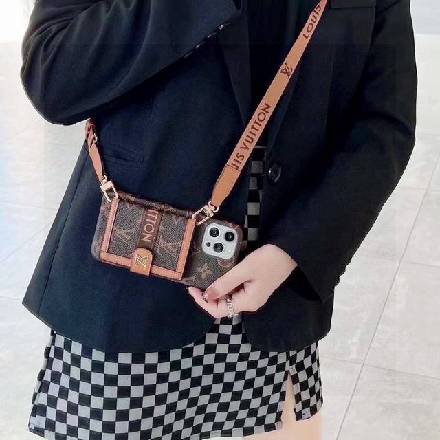 Lv Woven Strap Crossbody Card Holder Phone Case, High-Density Embroidered Woven