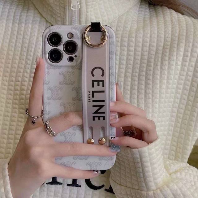 Celine Straight-Edge Polka Dot Frame, Wrist Strap Phone Case, Full-Coverage Matt