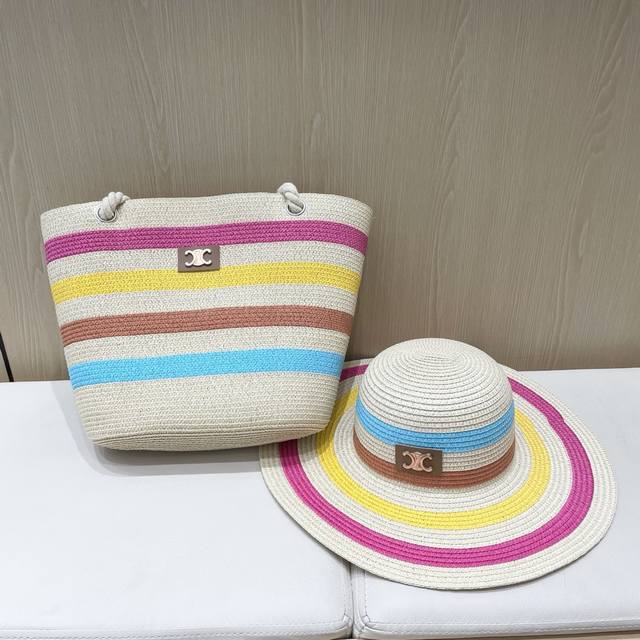 Celine 2025 New Model Straw Hat Bag Set: Outdoor Travel Sun Hat With Wide Brim T