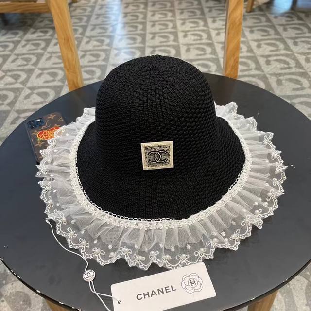 Chanel Pearl Lace Straw Hat For Women, Wide-Brimmed Summer Uv-Protective Beach V