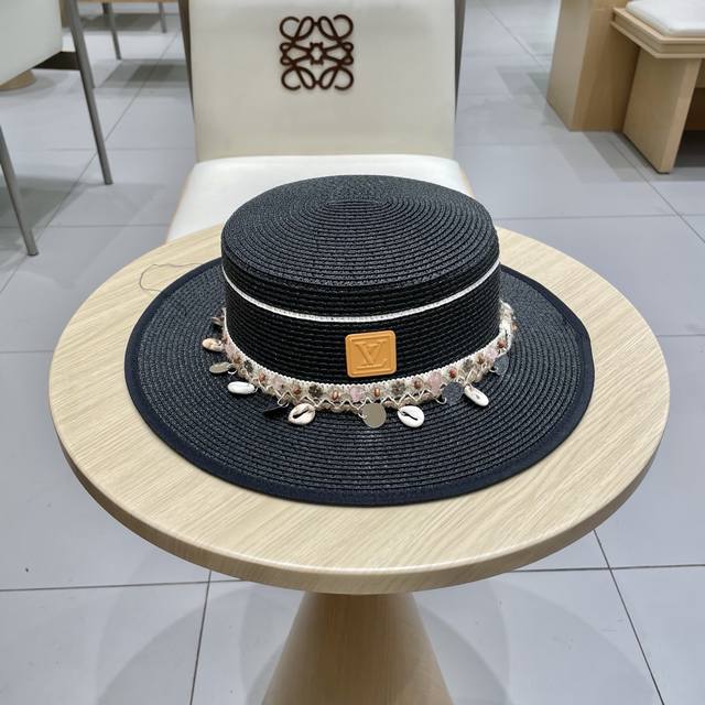 Louis Vuitton Summer Straw Hat For Women, Flat-Top Retro Vacation-Style Fisherma