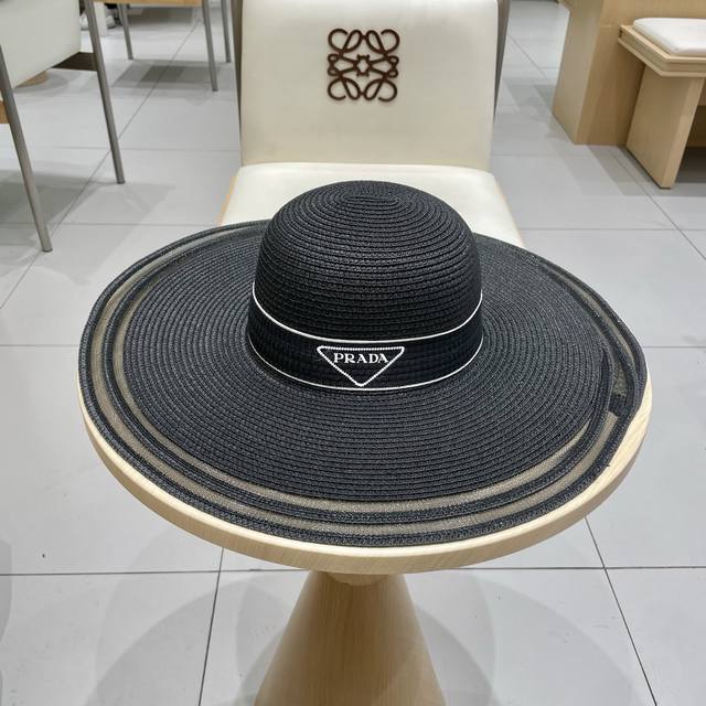 Prada New Flat-Top Hat, Wide-Brimmed Straw Hat, Head Circumference 57Cm