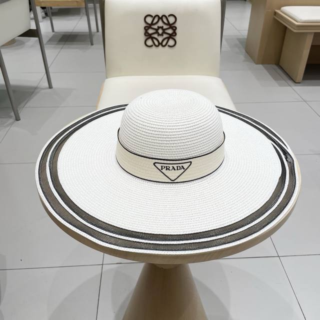 Prada New Flat-Top Hat, Wide-Brimmed Straw Hat, Head Circumference 57Cm