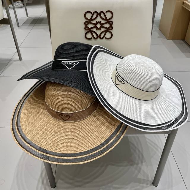 Prada New Flat-Top Hat, Wide-Brimmed Straw Hat, Head Circumference 57 Cm