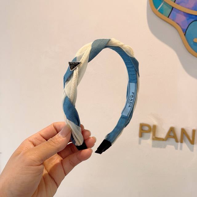 With Packaging Prada New Triangle Logo Hairband, Retro Braided Denim Patchwork M