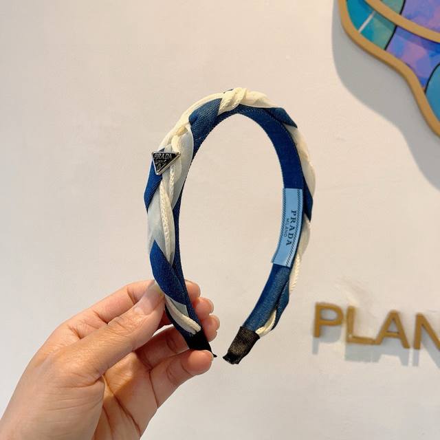 With Packaging Prada New Triangular Logo Hairband, Retro Braided Denim Patchwork