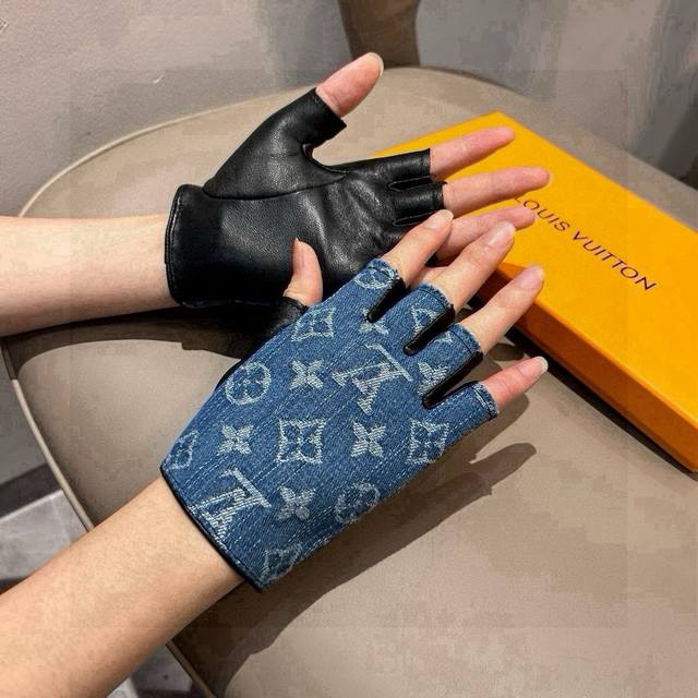 Lv New Arrival Short Denim Gloves With Leather, Fashionable Motorcycle Gloves, A