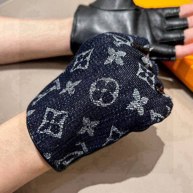 Lv New Short Denim Gloves With Leather, Fashionable Motorcycle Gloves, Autumn/Wi