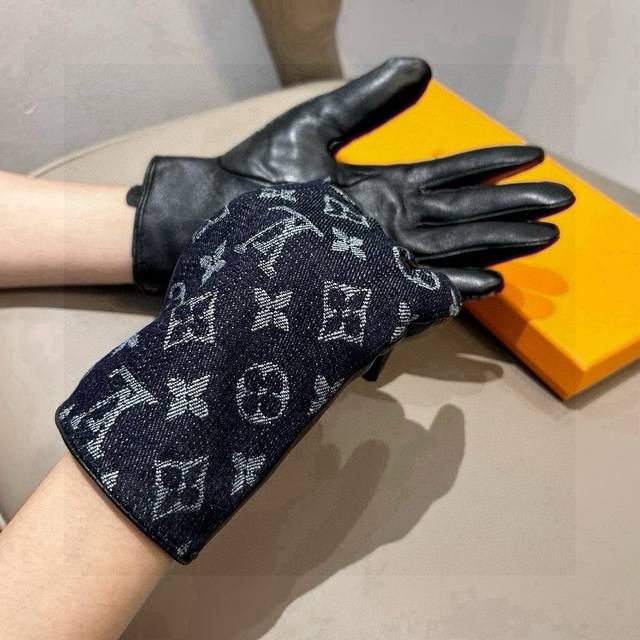 Lv New Denim Leather Gloves, Fashionable Motorcycle Gloves, Autumn/Winter New Fa