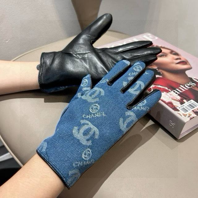Chanel New Short Denim Gloves With Sheepskin, Fashionable Motorcycle Gloves, Aut