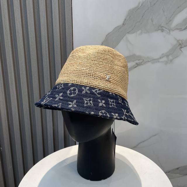 Lv Louis Vuitton Imported Raffia Straw Color-Blocked Bucket Hat, Simple Yet Eleg