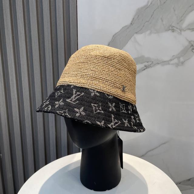 Lv Louis Vuitton Imported Raffia Straw Color-Blocked Bucket Hat, Simple Yet Eleg