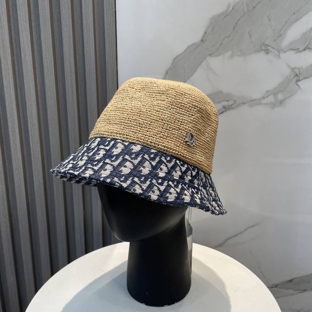 Dior Imported Raffia Straw Color-Blocked Bucket Hat, Simple Yet Elegant, Underst