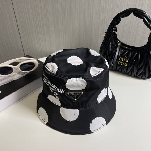 Comes With A Dust Bag. Prada New Polka Dot Triangle Logo Fisherman's Hat, High-E