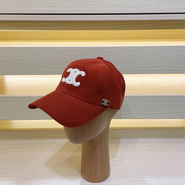Exclusive Celine New Triumph Arch Embroidered Corduroy Baseball Cap. Just As The