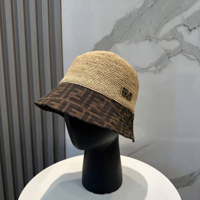 Fendi Imported Raffia Straw Color-Blocked Bucket Hat, Simple Yet Elegant, Low-Ke