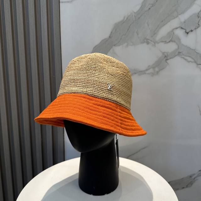Lv Louis Vuitton Imported Raffia Straw Color-Blocked Bucket Hat, Simple Yet Eleg
