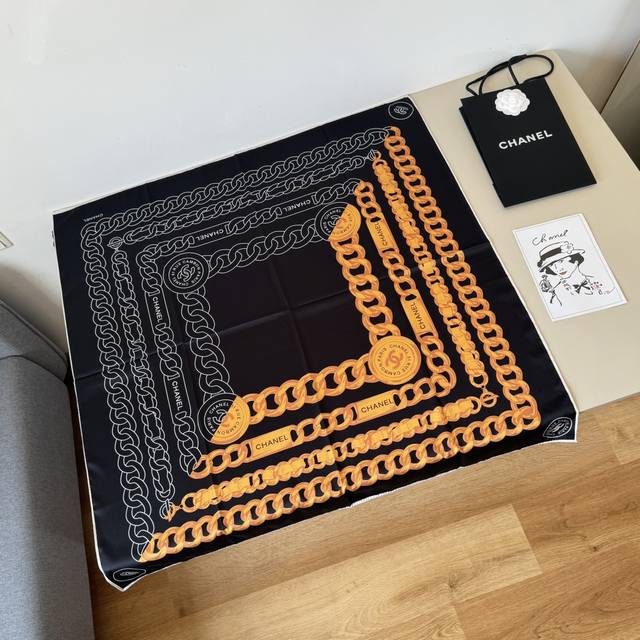 Original Chanel 90Cm Silk Square Scarf With Chain Accessories. Top-Grade Twill S